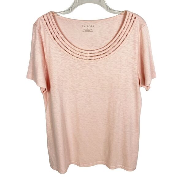Talbots Soft Pink Scoop Crochet Neck Short Sleeve Pullover Top Women’s Large - Picture 1 of 7
